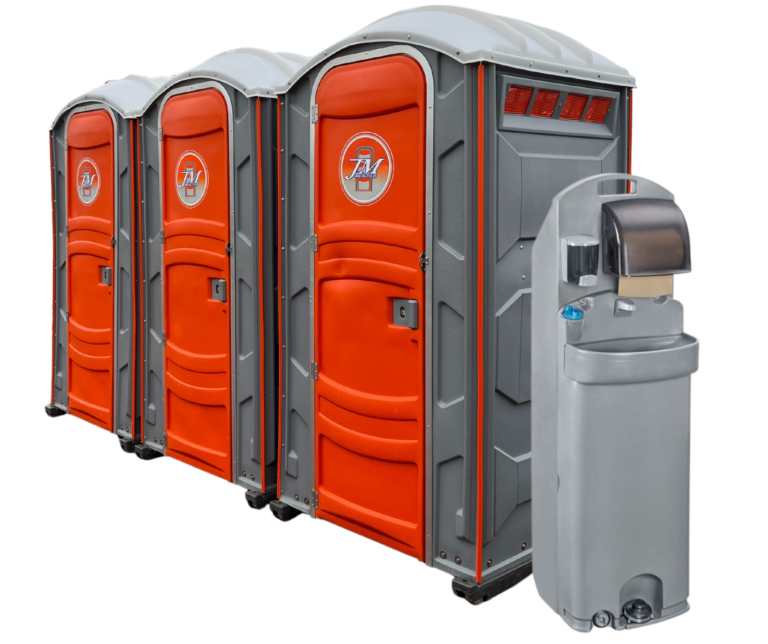 IMAGE OF THREE JM PORTABLE RENTAL UNITS WITH A SINGLE HAND SINK RENTAL