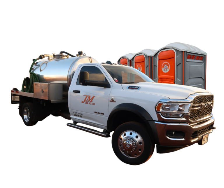 IMAGE A JM SERVICE TRUCK WITH THREE PORTABLE TOILET RENTALS